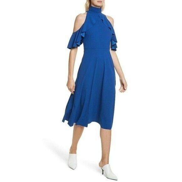 New! TRACY REESE Ruffle Cold-Shoulder Midi Dress Size XS Marine Blue - Picture 4 of 7
